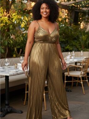 Gold Metallic Pleated Spaghetti-Strap Jumpsuit